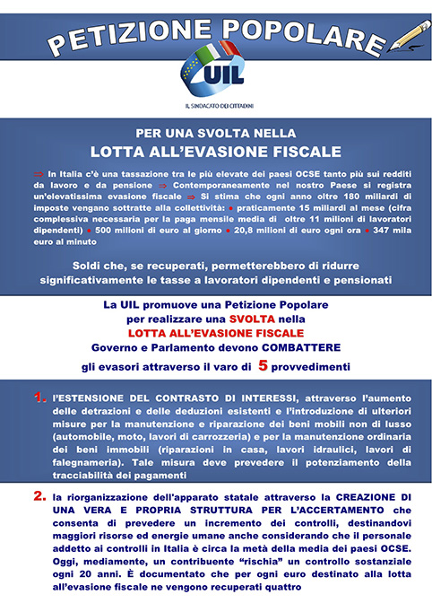 Petizione popolare della Uil per la lotta all’evasione fiscale