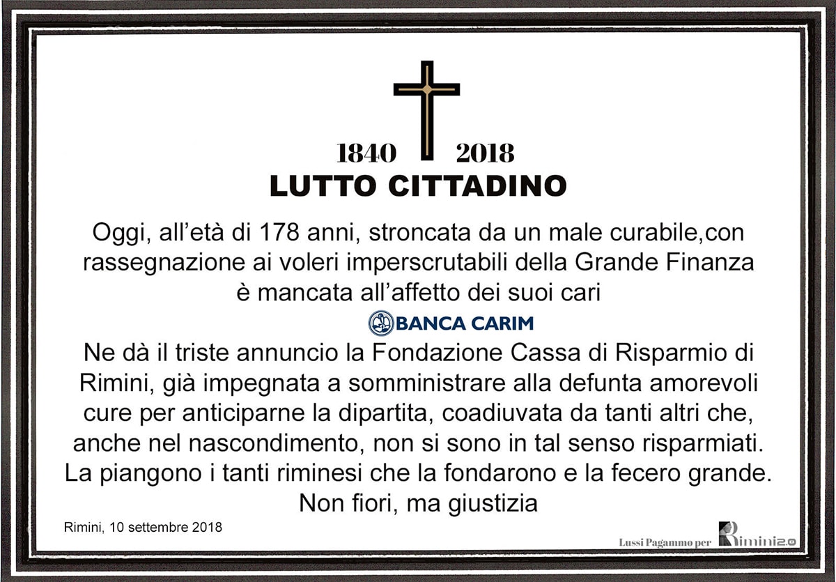 Lutto cittadino: all’età di 178 anni è spirata Banca Carim