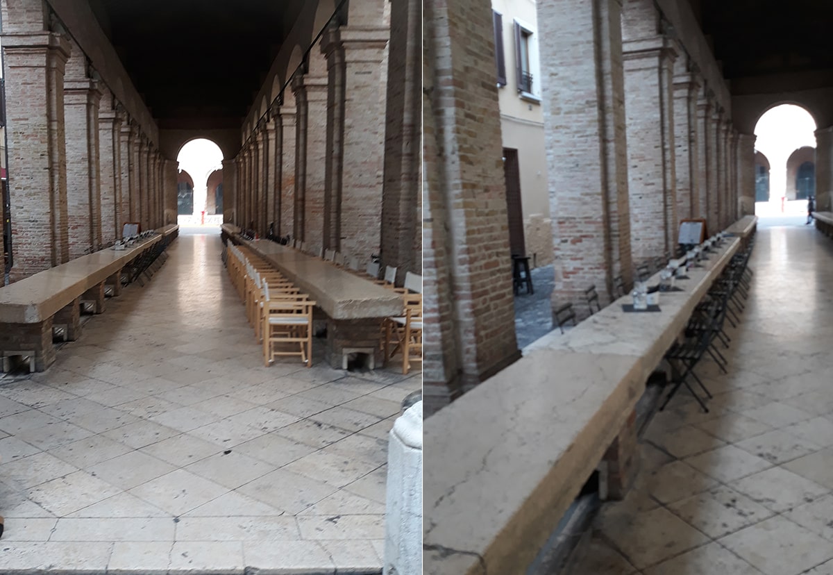 Sui banchi in pietra d’Istria della vecchia pescheria «apparecchiati» a ristorante